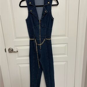 Guess Navy Denim Jumpsuit with Gold Chain Detail